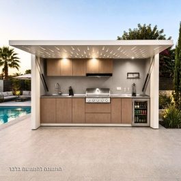 מטבח גינה יוקרתי עם דלת פרגולה נפתחת 3.5 מטר – דגם 1 DALI SKYLIGHT